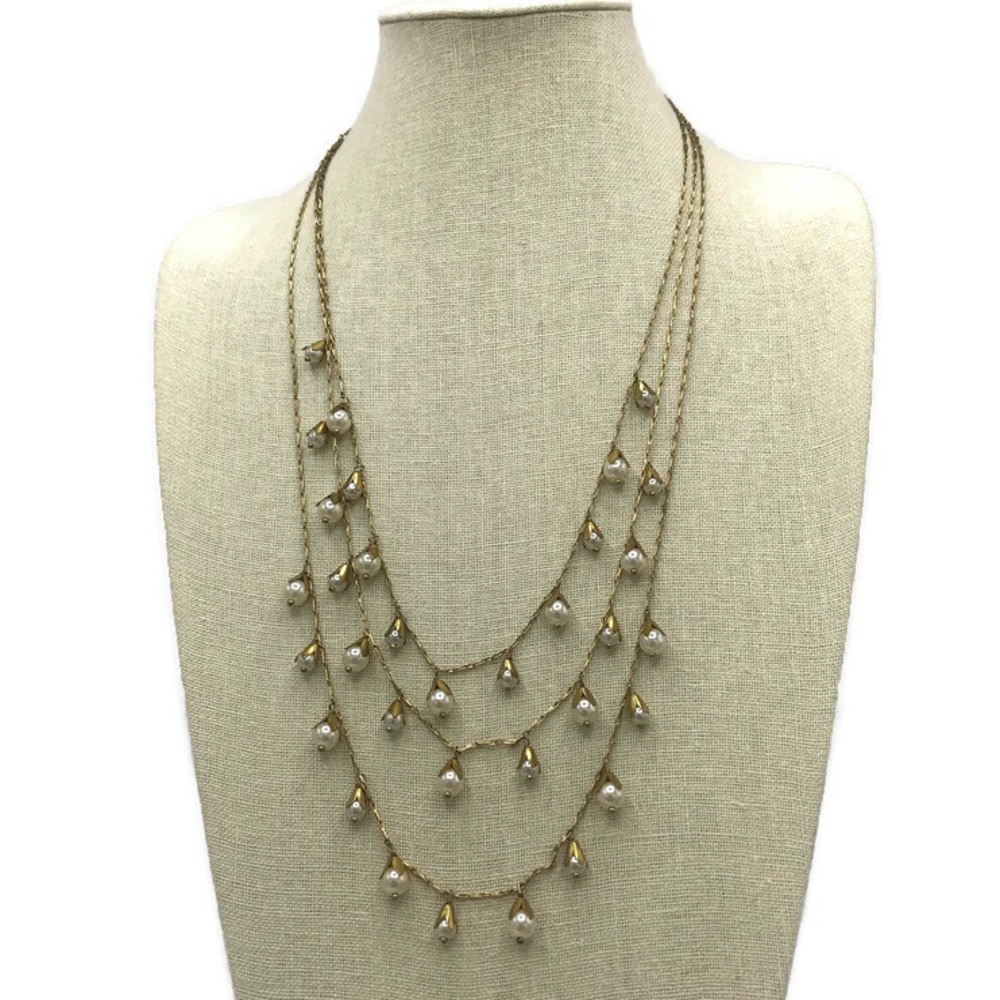 Loft Faux Pearl Flowers Multi-Strand Layered Gold-Tone Necklace